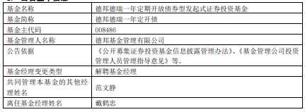 戴鹤忠离任德邦德瑞一年定开债德邦周期精选混合(2026/04/11)
