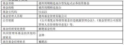 戴鹤忠离任德邦德瑞一年定开债德邦周期精选混合(2026/04/11)